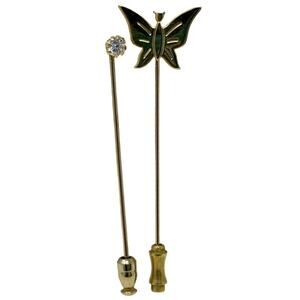 Vintage 90s Gold Tone Butterfly & Rhinestone Stick Pin Set 2.5”